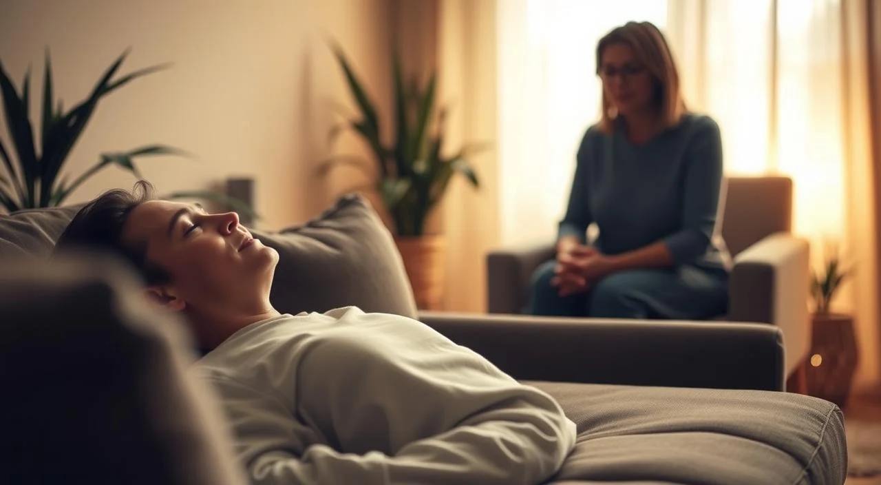A peaceful, serene scene of a person undergoing hypnotherapy for anxiety treatment. The foreground depicts a person lying comfortably on a couch, eyes closed, with a calm, focused expression. The middle ground shows a hypnotherapist sitting nearby, guiding the session with a soothing, attentive demeanor. The background is a softly lit, warm-toned room with natural elements like plants and gentle lighting, creating a relaxing, introspective atmosphere. The lighting is soft and diffused, enhancing the tranquil mood. The composition is balanced, with a sense of harmony and emotional connection between the two figures. The overall tone is one of therapeutic healing and emotional restoration.