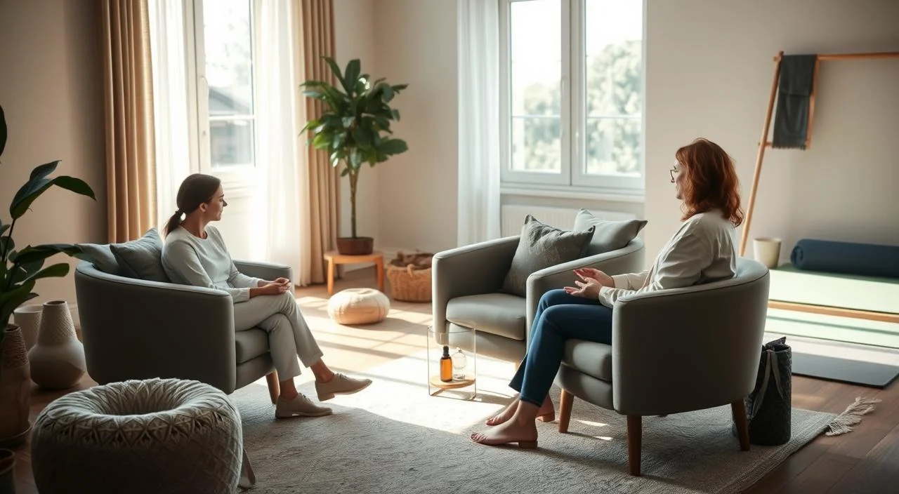 A peaceful, serene scene of a private psychotherapy session. In the foreground, a therapist and patient sit comfortably on plush chairs, engaged in deep discussion. Soft natural lighting filters through large windows, creating a calming atmosphere. In the background, various relaxation techniques are displayed - a meditation cushion, essential oil diffuser, and yoga mats. The palette is muted, earthy tones that evoke a sense of tranquility. The overall mood is one of introspection, healing, and personal growth, reflecting the effective strategies for managing anxiety and fear of judgment.
