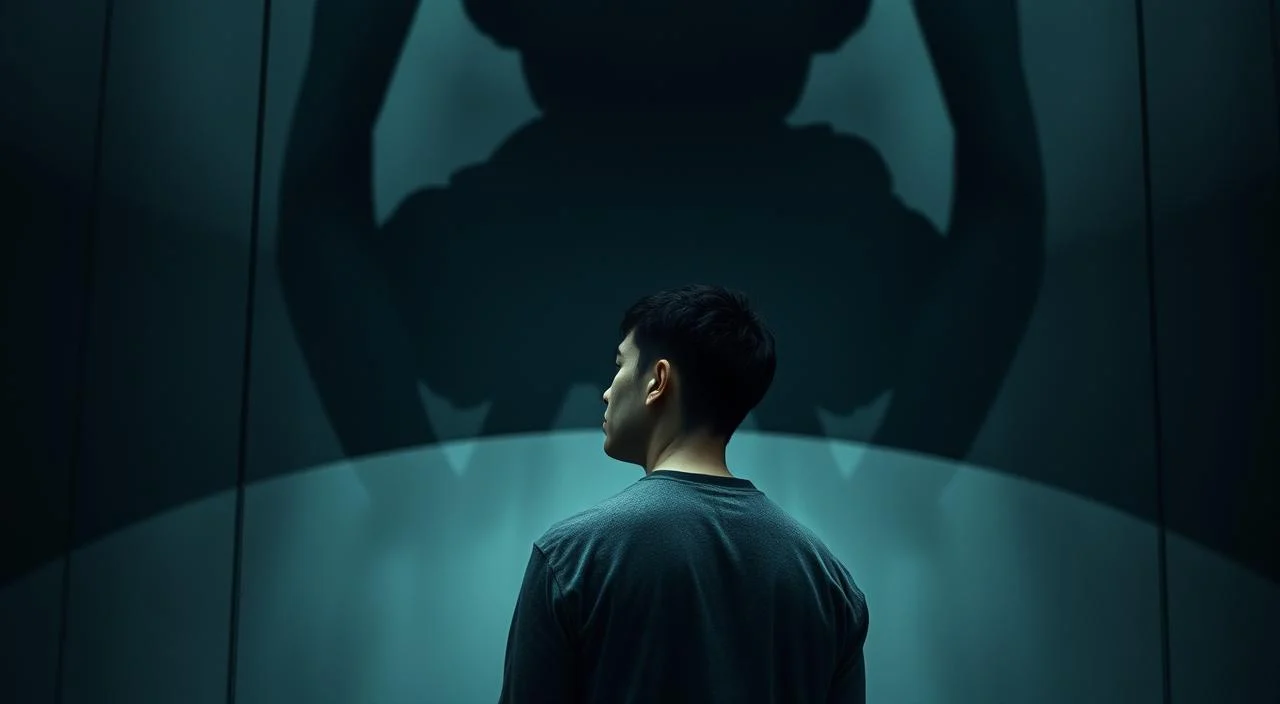 A pensive figure stands alone, shoulders hunched, gaze averted. Fragments of their reflection in a distorted, mirrored surface, magnifying a sense of self-consciousness and social anxiety. Looming overhead, shadowy forms loom, evoking the weight of judgmental gazes. Muted tones of grey, blue, and sepia create an atmosphere of isolation and introspection. Soft, diffused lighting casts a melancholic glow, while a shallow depth of field blurs the background, drawing focus to the central figure's inner turmoil. This image aims to viscerally convey the psychological impact of social comparison and the fear of judgment on mental health.