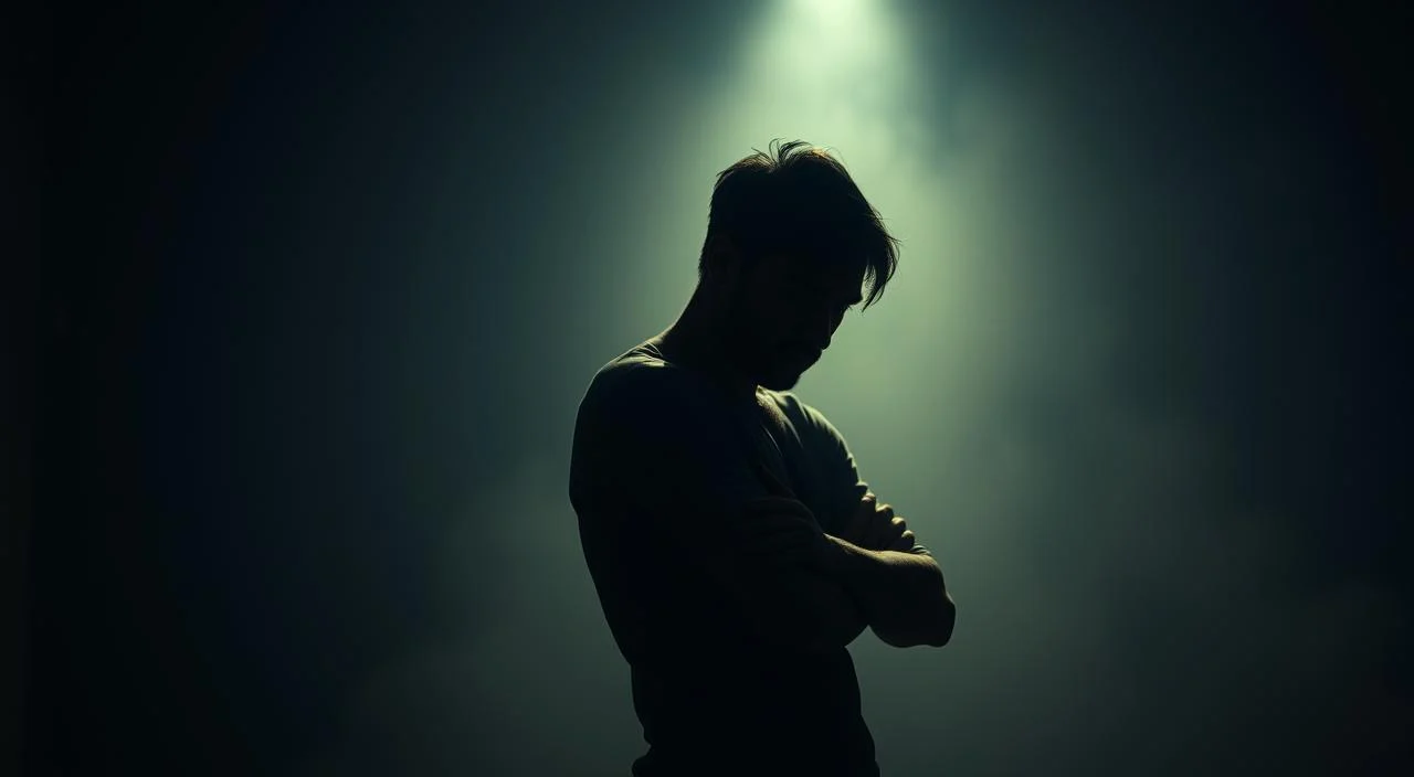 A pensive figure stands in a dimly lit room, their face partially obscured by shadows. Soft, diffused lighting casts a warm, introspective glow, emphasizing the vulnerability and introspection of the moment. The figure's posture is hunched, their arms crossed defensively, conveying a sense of unease and trepidation. The background is blurred, creating a sense of isolation and focus on the internal struggle. Subtle textures and subtle hues evoke a sense of emotional depth and the complexity of the human experience.