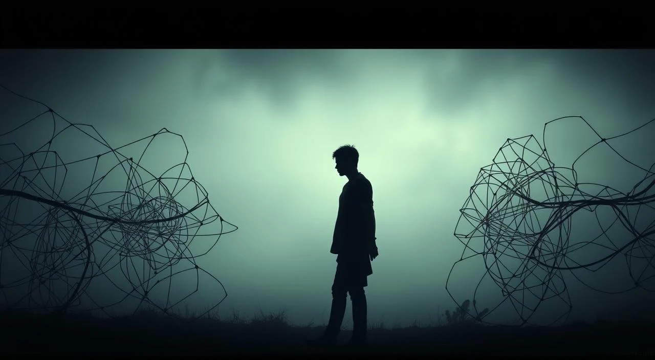 A pensive figure stands in the center, their face obscured by shadows, conveying a sense of isolation and trepidation. In the foreground, a web of tangled lines and shapes symbolizes the complexities of interpersonal relationships, while the background features a muted, dreamlike landscape, suggesting the introspective nature of the scene. Soft, diffuse lighting creates a melancholic atmosphere, highlighting the figure's introspective pose and the delicate balance between connection and disconnection. The overall composition evokes the themes of fear, vulnerability, and the struggle to navigate the nuances of interpersonal bonds.