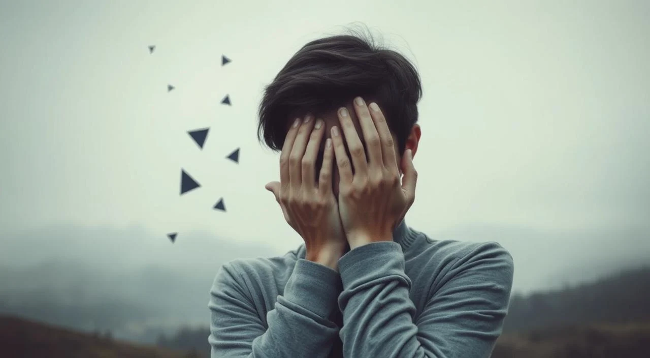 A pensive figure stands in the foreground, their face partially obscured by their hands, conveying a sense of self-consciousness and vulnerability. In the middle ground, fragmented lines and shapes represent the disjointed nature of communication, while the background depicts a hazy, subdued landscape, symbolizing the impact on self-esteem. Soft, muted lighting casts a somber mood, emphasizing the introspective nature of the scene. The overall composition suggests the internal struggle and the interplay between communication and self-perception.