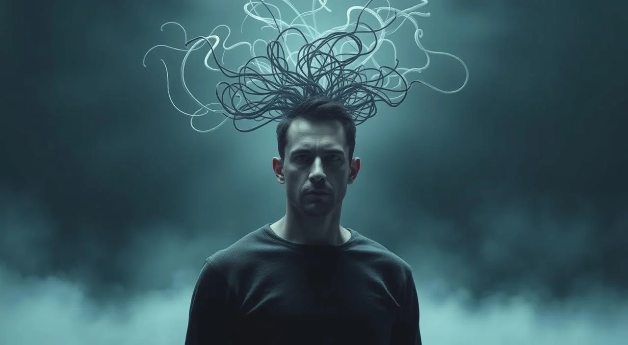 A pensive figure, their expression etched with deep contemplation, stands amidst a swirling, abstract landscape. Shades of grey and blue predominate, evoking a sense of mental unease and cognitive strain. Ethereal tendrils of thought seem to emanate from the subject's head, twisting and turning in an intricate, labyrinthine pattern. The lighting is soft and diffused, creating an atmosphere of introspection and inner turmoil. The composition places the subject in the foreground, with the background receding into a hazy, dreamlike realm, symbolizing the cognitive effects of anxiety. The overall effect is one of a troubled, troubled mind, grappling with the complex and overwhelming demands of cognitive processing under the strain of anxiety.