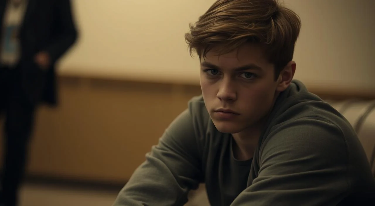 A pensive young adult sits alone, shoulders hunched, gaze averted. A faint look of unease and uncertainty crosses their features, as if fearing the judgement of unseen onlookers. The background is softly blurred, drawing the eye to the central figure's introspective pose, conveying a sense of social anxiety and shyness. Warm, muted tones create an atmosphere of vulnerability and inner turmoil. The scene is captured through a medium close-up lens, creating an intimate, relatable perspective.
