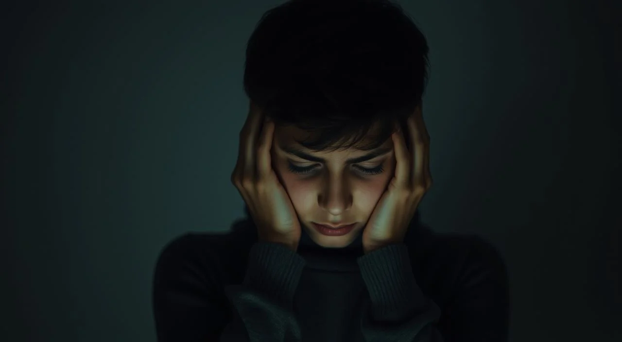 A pensive young person, head in hands, conveying the emotional impact of fear of judgment on their communication and self-confidence. The figure is depicted in a dimly lit, minimalist setting, with a sense of introspection and vulnerability. Soft, muted tones create an atmosphere of uncertainty and inner turmoil. The composition emphasizes the subject's isolation and the mental barriers they face when expressing themselves. Subtle details, such as furrowed brows or a downcast gaze, further convey the emotional weight of the situation.
