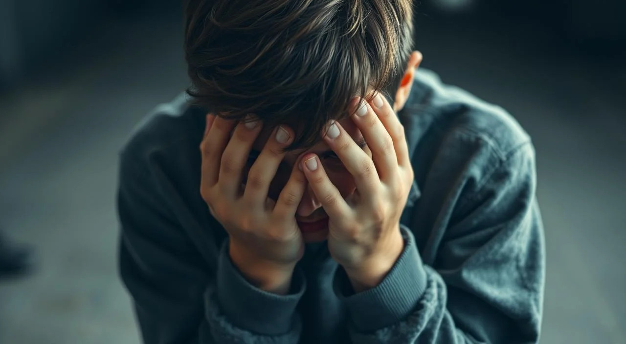 A pensive young person hunches over, hands covering their face in a gesture of distress. Their expression radiates social anxiety and shame, conveyed through a muted color palette and soft, hazy lighting that creates an atmosphere of vulnerability and discomfort. The background is blurred, placing the focus on the figure's emotional state, while subtle textures and muted tones suggest an introspective, contemplative mood. Captured with a shallow depth of field, the image invites the viewer to empathize with the subject's internal experience of social anxiety and the burden of self-consciousness.