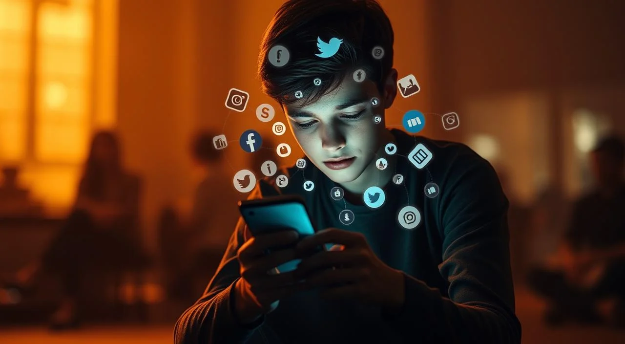 A pensive young person sits alone, their gaze fixed on a smartphone screen, surrounded by a swirling vortex of social media icons and symbols. The figure is bathed in a warm, amber-tinted light, creating a melancholic atmosphere. In the background, blurred silhouettes of other people are visible, suggesting a sense of disconnection and isolation. The overall scene conveys the emotional impact of social media on mental wellbeing, with the subject appearing lost in a digital world, struggling to find balance and self-acceptance.