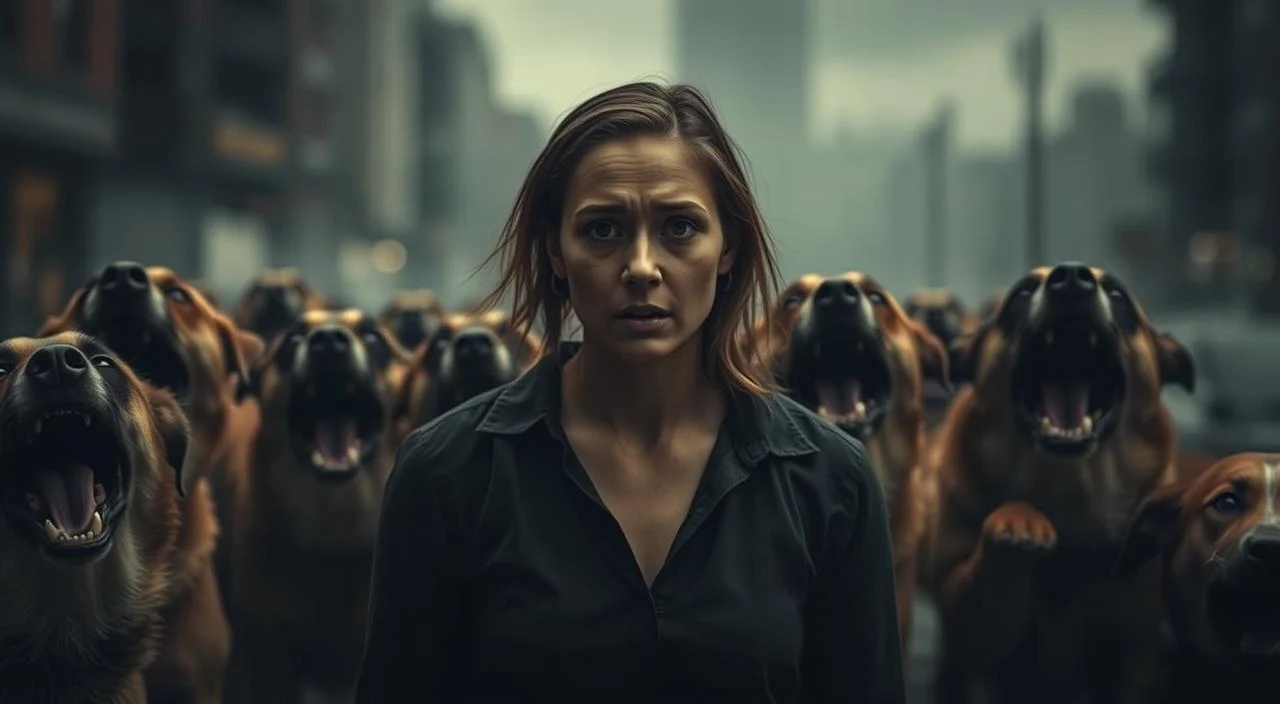 A person apprehensively standing in front of a pack of barking, snarling dogs, their facial expression reflecting a deep sense of fear and anxiety. The scene is bathed in somber, moody lighting, creating an ominous, unsettling atmosphere. The dogs are in the foreground, their teeth bared and eyes wild, while the person is in the middle ground, appearing small and vulnerable. In the background, a blurred, gloomy urban landscape adds to the tense, unsettling mood. The image conveys the overwhelming, debilitating impacts of the fear of dogs on an individual's daily life and wellbeing.