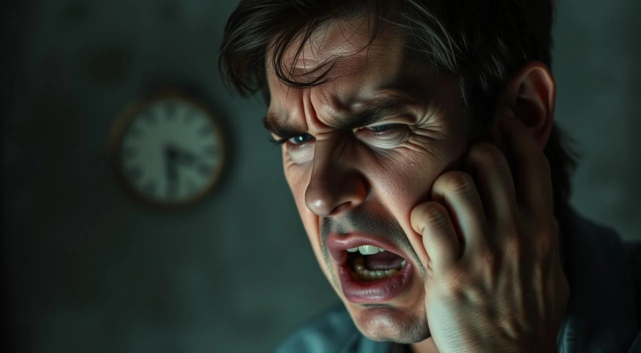 A person experiencing intense emotional anxiety, their face contorted with worry and distress. Tense muscles, furrowed brow, and a pained expression convey the visceral effects of anxiety. The background is hazy and dreamlike, with muted colors and soft lighting to create a sense of unease and inner turmoil. The lighting casts dramatic shadows, emphasizing the subject's emotional tension. The composition places the person at the center, their anguish the focal point, evoking empathy and understanding for the psychological and physiological impacts of anxiety.