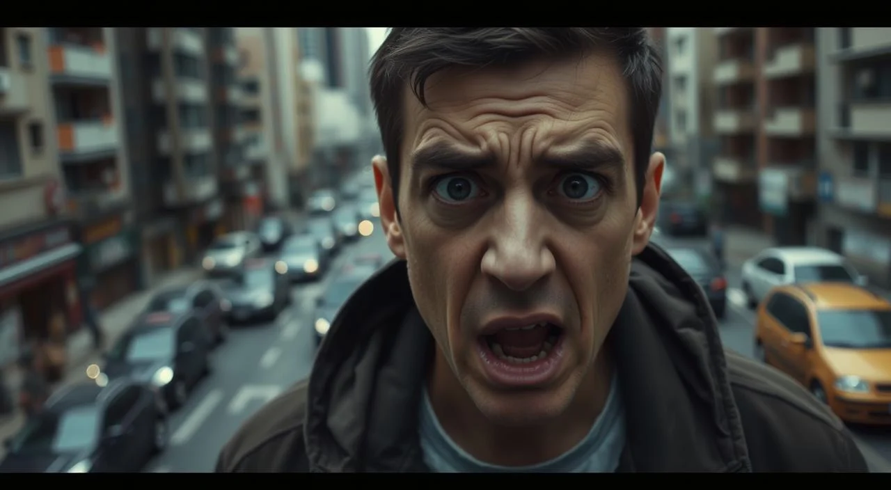 A person experiencing intense fear of dogs, their face contorted with anxiety, eyes wide and brow furrowed. In the background, a chaotic urban scene with buildings and cars, reflecting the disruptive impact of this phobia on daily life. Muted colors and soft lighting convey a sense of unease and discomfort. The composition highlights the individual's struggle, emphasizing the physical and emotional symptoms of this debilitating fear.