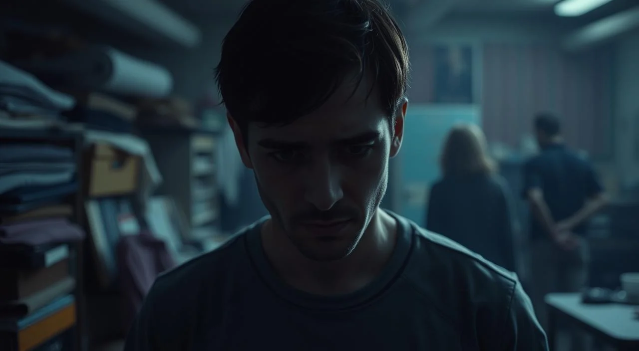 A person experiencing social anxiety, their face contorted with tension, eyes averted, shoulders hunched. In the foreground, a cluttered, dimly lit room with muted colors, creating a claustrophobic atmosphere. In the background, blurred figures representing the perceived judgmental gazes of others. Soft, diffused lighting illuminates the subject, highlighting their discomfort and inner turmoil. The overall mood is one of unease, isolation, and the overwhelming feeling of being watched and scrutinized.