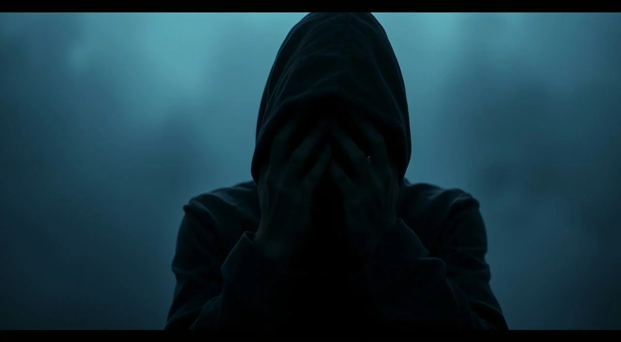 A person shrouded in shadows, their face hidden in their hands, as if shielding themselves from an unseen judgment. The background is a blurred, hazy mise-en-scène, evoking a sense of isolation and vulnerability. Muted tones of gray and blue create an atmosphere of unease and apprehension, reflecting the internal turmoil of the individual. The figure is slightly crouched, their body language conveying a deep-seated fear of being scrutinized and condemned. A soft, directional light illuminates the person's silhouette, casting dramatic shadows that accentuate the emotional intensity of the scene.
