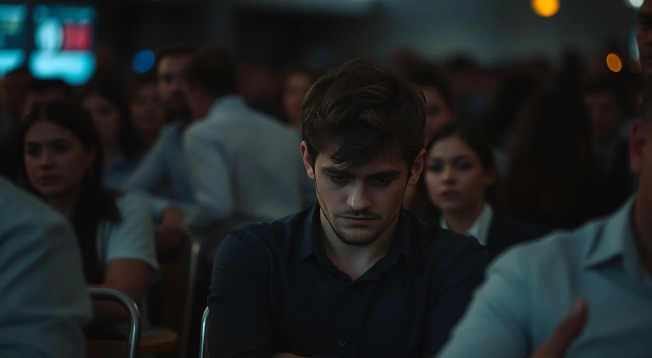 A person sitting alone, avoiding eye contact and withdrawn, their body language conveying a sense of discomfort and tension. The scene is set in a crowded, dimly lit social setting, with blurred figures in the background, suggesting the overwhelming nature of the situation. Soft, atmospheric lighting casts a melancholic tone, while the subject's facial expression and posture reflect the anxiety and fear of being judged by others. The composition emphasizes the individual's isolation and the sense of being overwhelmed by social interactions.