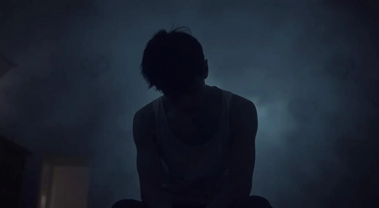 A person sitting alone in a dimly lit room, their face obscured by shadows, conveying a sense of social anxiety and discomfort. The background is hazy and muted, with subtle patterns on the walls suggesting a domestic setting. Muted tones of gray, blue, and brown create a somber, introspective atmosphere. The figure's posture is tense, shoulders hunched, as if trying to make themselves smaller and less visible. The lighting is soft and moody, casting dramatic shadows that accentuate the subject's isolation and inner turmoil.