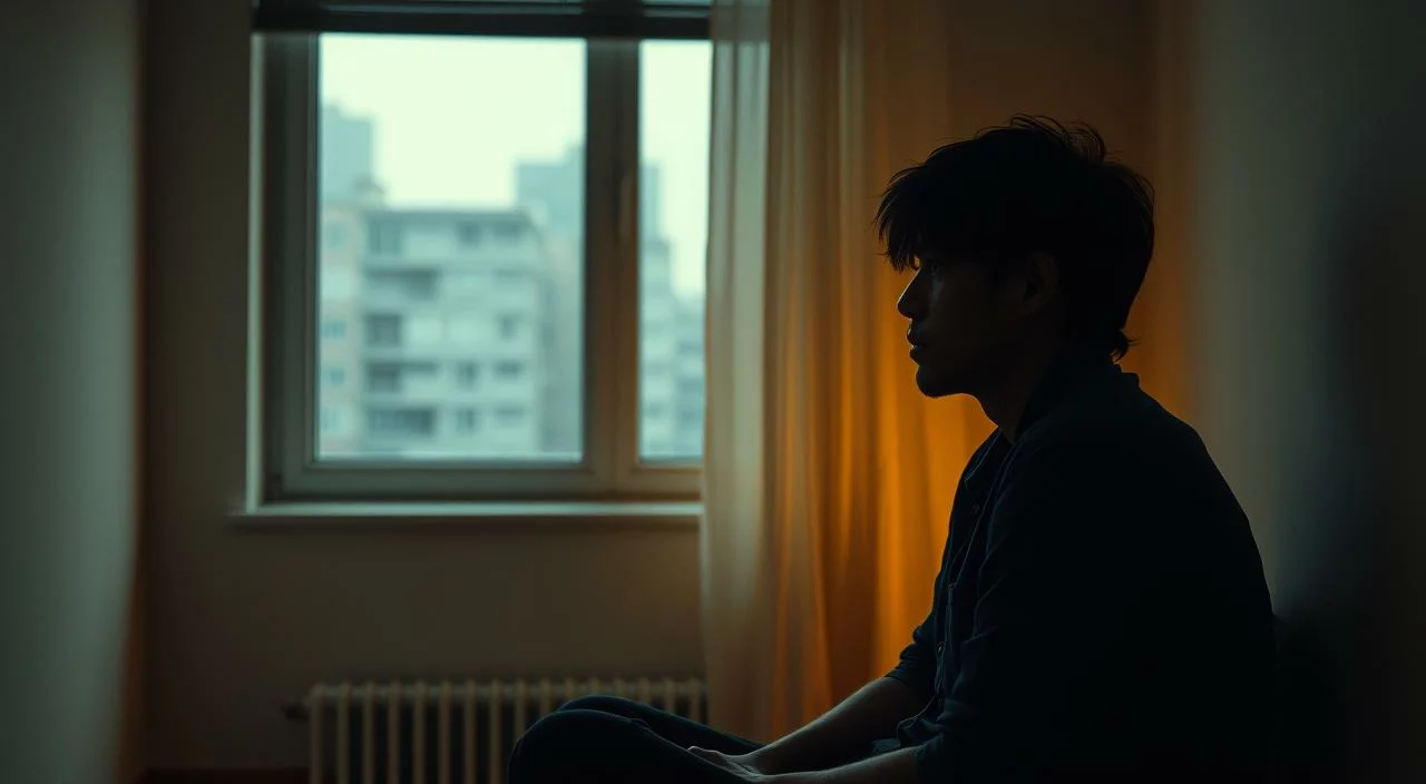 A person sitting alone in a dimly lit room, their face obscured by shadows, with a pensive, anxious expression. The room is sparsely furnished, with a single window overlooking a gloomy cityscape. The lighting is soft and warm, creating a melancholic atmosphere. The subject appears isolated, physically and emotionally, reflecting the discomfort and unease of avoiding social situations. The scene conveys a sense of introspection and the internal struggle of navigating the pressures of social interaction.
