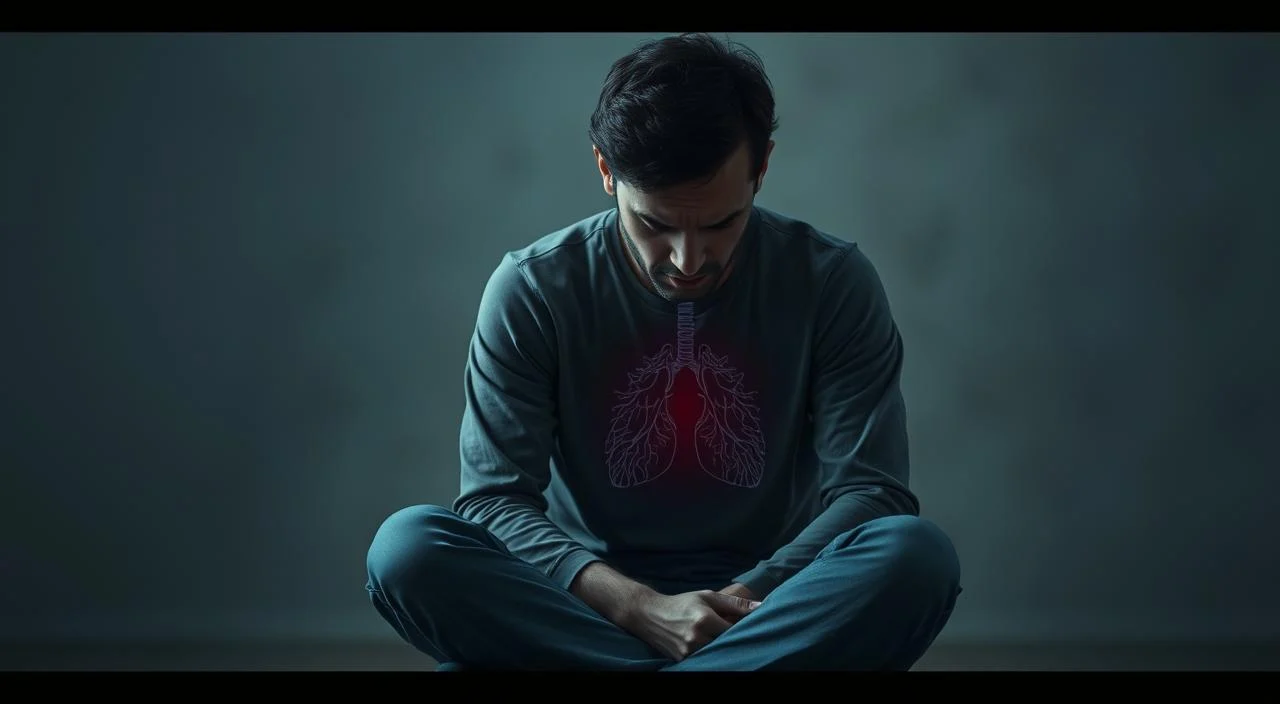 A person sitting cross-legged, deep in thought, their face etched with the strain of anxiety. Soft, muted lighting casts a pensive glow, emphasizing the tightness in their shoulders and the shallow, rapid breaths. The background is hazy, blurred, to keep the focus on the individual's inner struggle with anxiety and its impact on their respiratory patterns. The scene conveys a sense of stillness and introspection, inviting the viewer to empathize with the subject's experience.