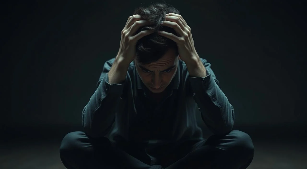 A person sitting cross-legged, their face etched with worry and tension. Hands grasping their head, as if struggling to contain the overwhelming thoughts and emotions within. The lighting is soft and moody, casting dramatic shadows that accentuate the subject's pensive expression. The background is blurred, creating a sense of isolation and introspection. The color palette is muted, evoking a somber and contemplative mood, reflecting the universal experience of anxiety and its impact on mental well-being.