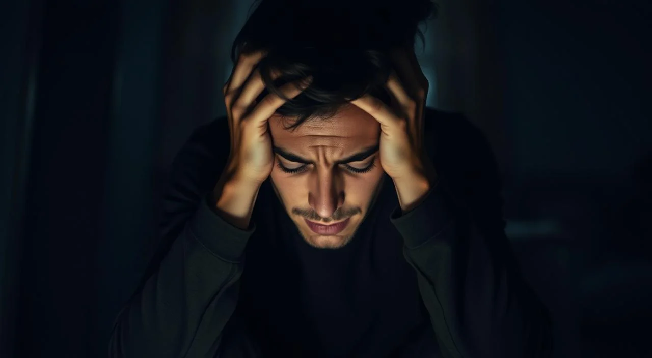 A person sitting hunched over, hands gripping their head, eyes closed tightly, expression of deep distress on their face. The background is a dimly lit, blurred room, creating a sense of isolation and anxiety. Soft, warm lighting casts shadows on the figure, emphasizing the physical symptoms of anxiety such as tension, restlessness, and overwhelm. The composition is tight, focusing on the person's upper body, conveying the intense, personal nature of the experience. An atmospheric, moody scene that captures the essence of physical manifestations of anxiety and the struggle with fear of judgment.
