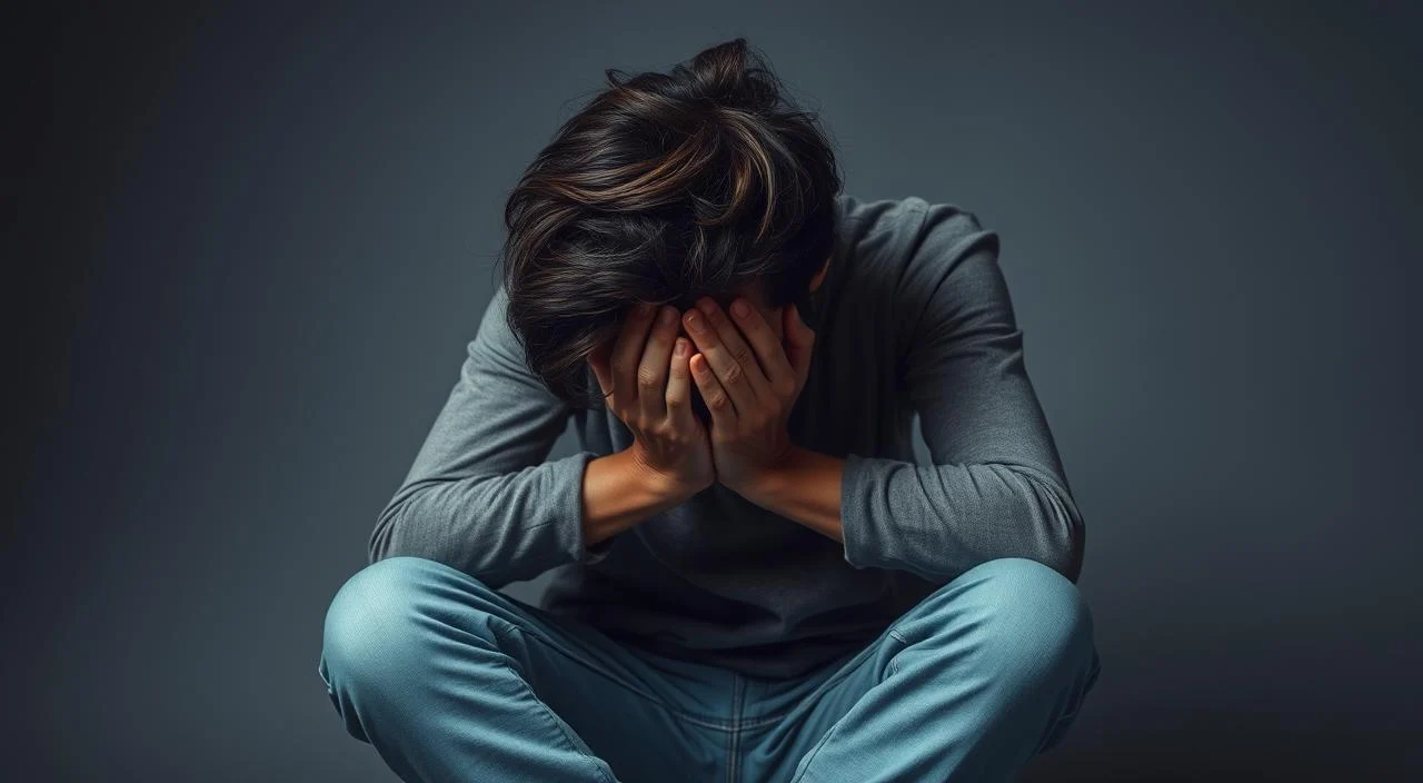 A person sitting hunched over, with their hands covering their face, conveying a sense of mental anguish and physical exhaustion. Their expression shows a combination of distress, fatigue, and overwhelming emotions. The background is a muted, slightly desaturated palette, creating a somber, introspective atmosphere. Soft, moody lighting casts shadows that accentuate the subject's posture and the heaviness of the moment. The scene captures the physical manifestations of the interplay between anxiety and depression, conveying a powerful and emotive depiction of this complex mental health condition.