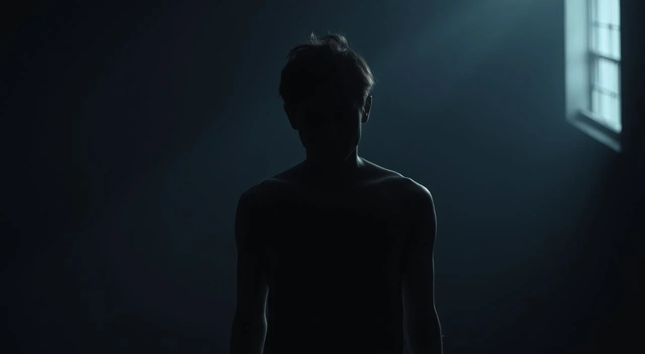 A person standing alone, face obscured by shadows, shoulders slumped in a posture of vulnerability. The background is a dimly lit, abstract environment, with muted colors and a sense of unease. Soft, directional lighting casts long shadows, emphasizing the figure's sense of isolation and inner turmoil. The overall atmosphere conveys a palpable feeling of self-consciousness, insecurity, and the burden of perceived judgment.