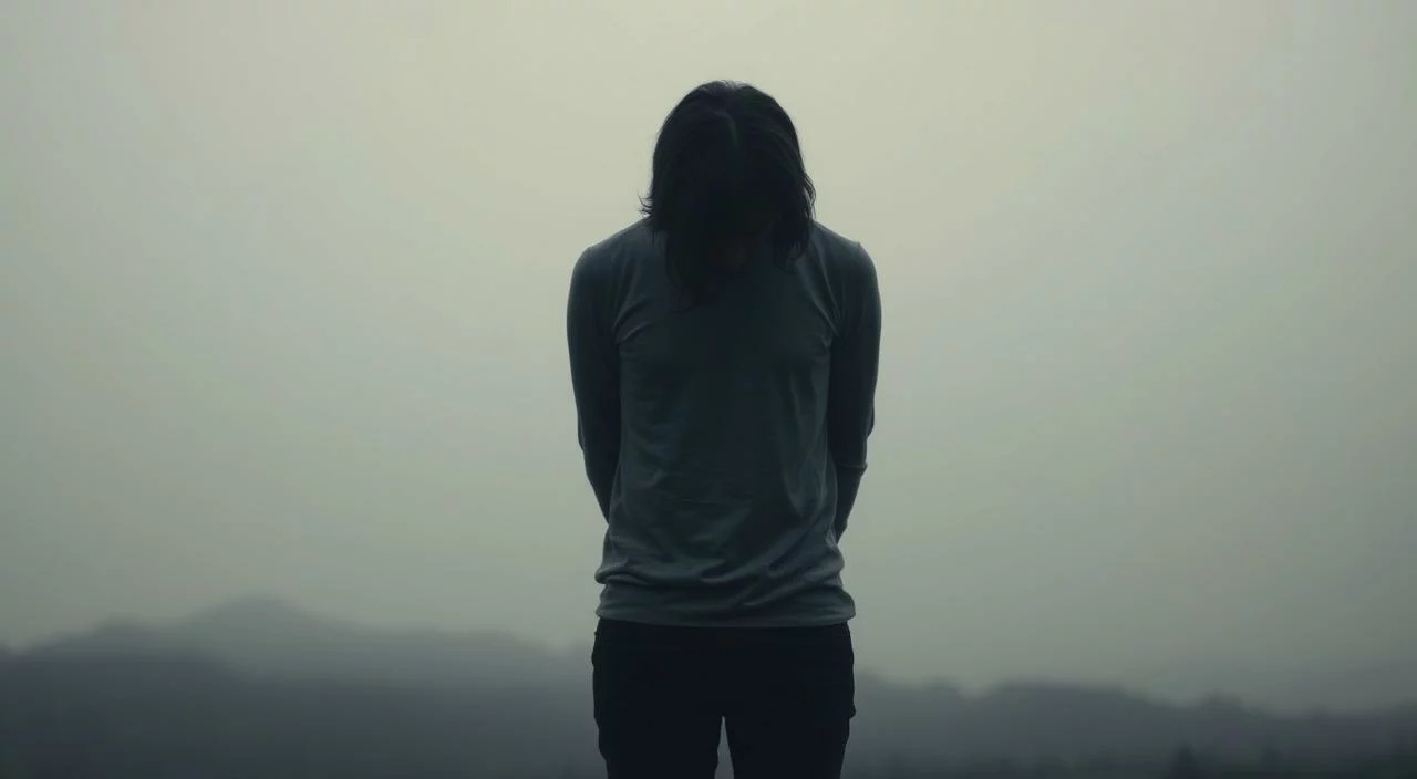 A person standing alone, head bowed, shoulders hunched, as if weighed down by the burden of perceived judgement. The background is a blurred, hazy environment, creating a sense of isolation and uncertainty. Soft, muted lighting casts shadows that accentuate the figure's posture, conveying a palpable feeling of unease and self-consciousness. The overall composition evokes a sense of vulnerability, emphasizing the internal struggle of dealing with the fear of being judged by others.