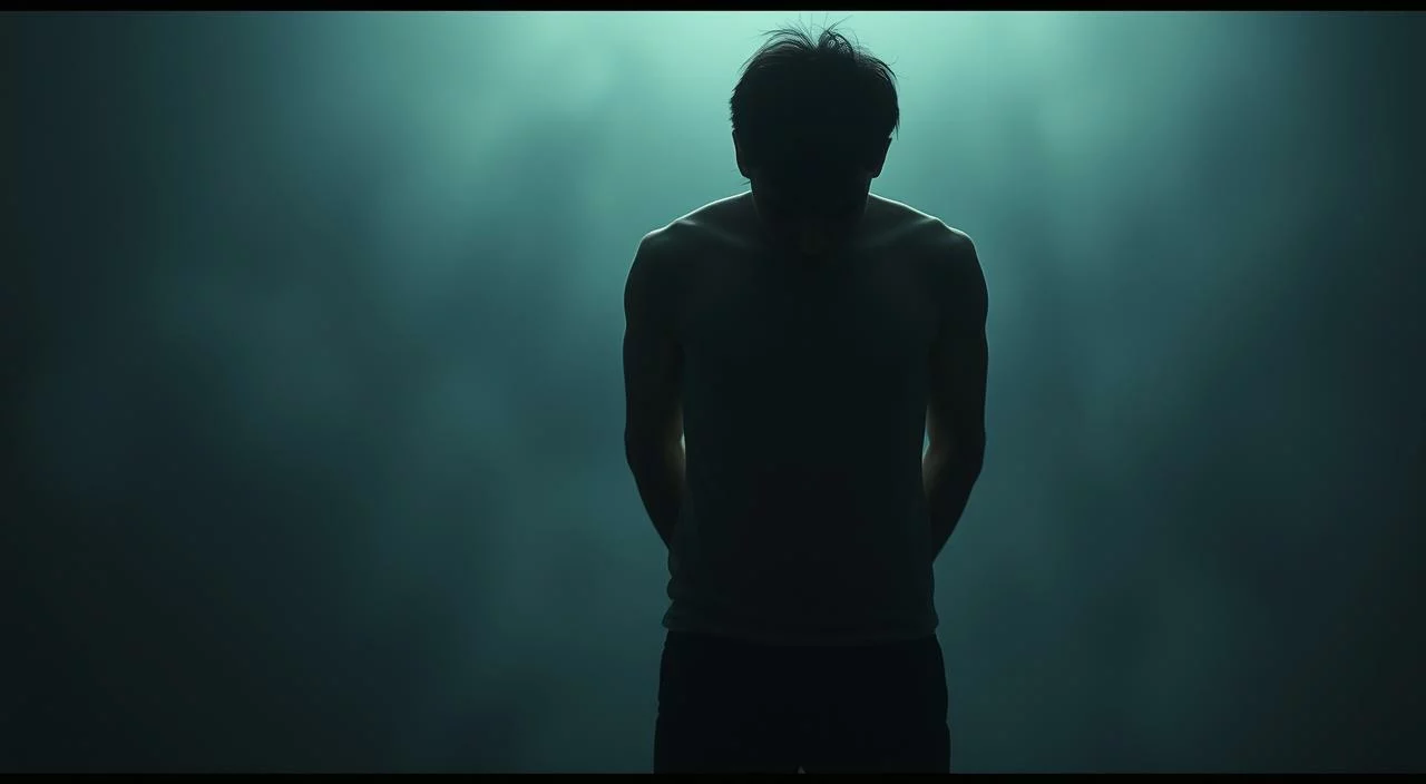 A person standing alone, shoulders hunched, face obscured by shadows, a sense of vulnerability and self-consciousness palpable. The background is blurred, a hazy, dimly lit space, conveying feelings of isolation and discomfort. Soft, diffused lighting creates a moody, introspective atmosphere, highlighting the individual's inner turmoil and fear of being judged. The composition emphasizes the figure's small, shrinking posture, evoking the experience of "medo de julgamento" - the dread of being scrutinized and found wanting.
