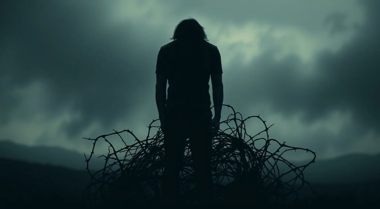 A person standing alone, shoulders hunched, head bowed, their face obscured by shadows. In the foreground, a tangle of thorns or vines snake around their legs, symbolizing the oppressive weight of judgment and self-criticism. The background is a dimly lit, abstract landscape, with muted colors and blurry shapes, evoking a sense of isolation and uncertainty. Soft, directional lighting casts dramatic shadows, heightening the melancholic mood. The overall composition conveys the internal struggle of someone grappling with the fear of being judged by others or their own harsh inner voice.