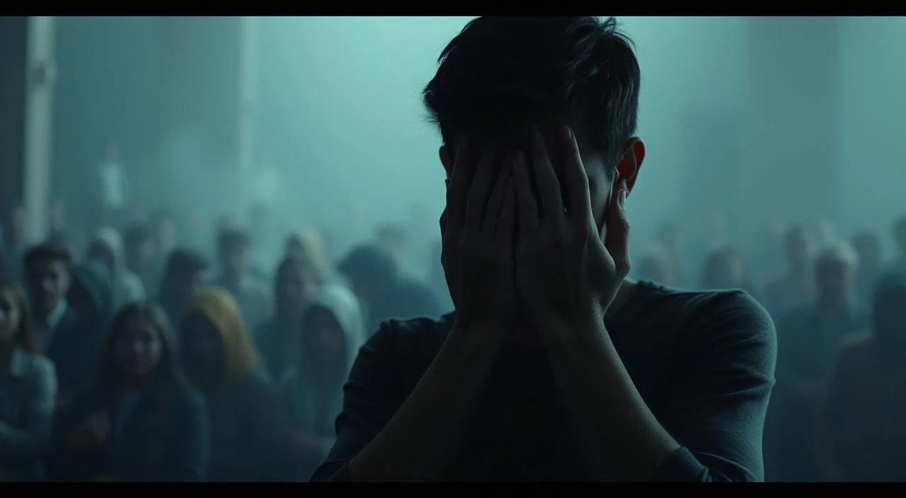 A person standing alone, their face obscured by their hands, radiating an aura of anxiety and discomfort. In the foreground, a sense of vulnerability and self-consciousness, as if the individual is acutely aware of an unseen audience. The middle ground depicts a blurred, faceless crowd, creating a palpable feeling of judgment and scrutiny. The background is hazy and indistinct, adding to the sense of isolation and unease. Soft, muted lighting casts long shadows, heightening the emotional tension. The overall atmosphere evokes the disquieting experience of fear of judgment and criticism.