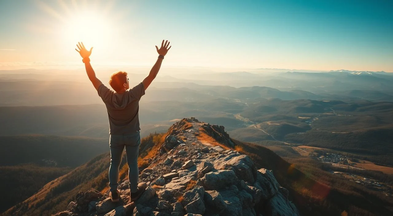 A person standing atop a rugged mountain peak, arms raised in a triumphant pose, gazing out over a vast, awe-inspiring landscape. The sun's golden rays illuminate the scene, casting a warm, inspirational glow. In the foreground, a weathered, determined expression on the person's face conveys the sense of overcoming a significant challenge. The middle ground features a winding, rocky trail leading up to the summit, hinting at the journey and obstacles overcome. The background showcases a panoramic view of rolling hills, lush forests, and distant snow-capped peaks, symbolizing the expansive potential for growth and personal development beyond the immediate challenge.