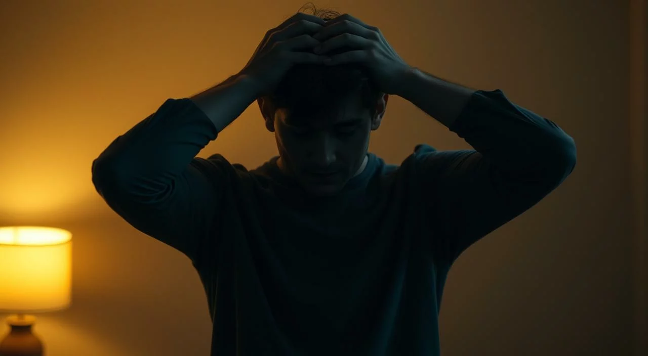A person standing in a dimly lit room, shoulders hunched, hands gripping their head in a gesture of distress. The background is blurred, creating a sense of isolation and introspection. Warm tones of yellow and orange cast a somber, pensive atmosphere, while muted blues and grays evoke a feeling of mental anguish. The figure's expression is one of deep anxiety, a visual representation of the debilitating effects of judgment and its impact on mental health.