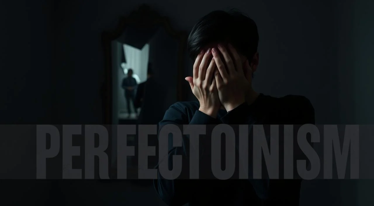 A person standing in a shadowy room, their face obscured by their hands, conveying a sense of emotional turmoil and the heavy burden of perfectionism. In the background, a distorted mirror reflects a fragmented, distorted image, symbolizing the distorted self-perception and inner critic that can arise from perfectionistic tendencies. Soft, muted lighting casts an atmosphere of tension and unease, emphasizing the mental and emotional impacts of perfectionism. The scene is rendered in a realistic, high-detail style, capturing the gravity and complexity of the subject matter.