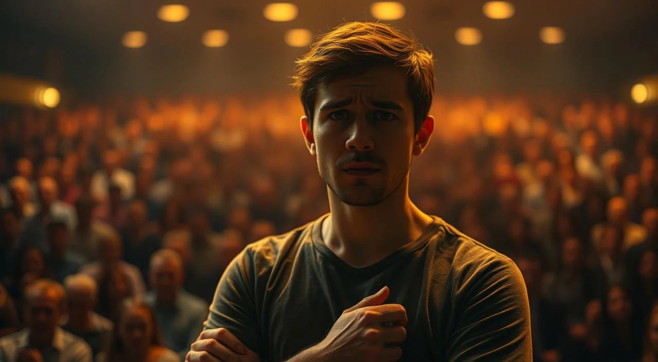 A person standing in front of a crowded auditorium, their expression conveying a sense of unease and apprehension. The room is dimly lit, creating an atmosphere of tension and discomfort. The person's body language suggests a desire to shrink away from the audience, with shoulders hunched and hands nervously fidgeting. The background is blurred, but hints at the large number of faces staring back, amplifying the feeling of being the center of attention. Warm, golden lighting illuminates the person's face, casting shadows that accentuate their worried expression. The overall scene evokes the overwhelming sensation of speaking in public, capturing the essence of the fear of public speaking.