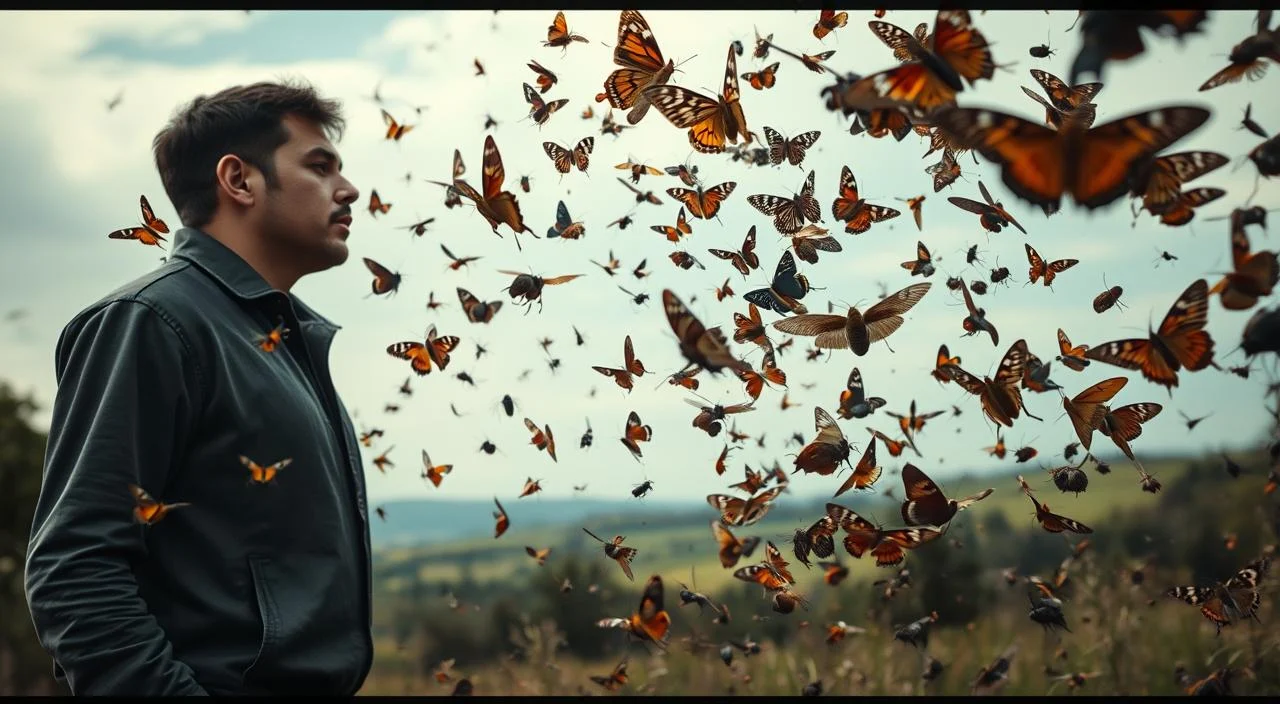 A person standing tall, facing their fears, confidently confronting a swarm of insects. The foreground depicts the person, their expression resolute, their stance unwavering. The middle ground is alive with a variety of insects - butterflies, moths, beetles, and more - all in vivid detail, captured in a soft, natural lighting. The background fades into a serene, pastoral scene, with lush greenery and a calming sky, suggesting a sense of tranquility and inner peace. The overall mood is one of empowerment, growth, and the triumph of overcoming one's deepest fears.