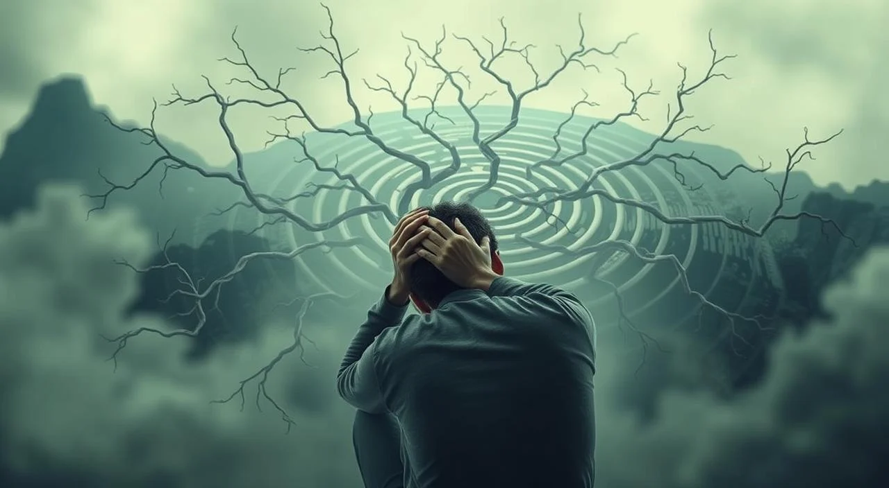 A person trapped in a maze of anxious thoughts, their mind consumed by a swirling vortex of worry and self-doubt. The foreground depicts a figure curled up, hands clutching their head, as if trying to escape the overwhelming mental anguish. The middle ground shows the maze-like structure of the mind, with branching pathways representing the intricate web of anxious thought patterns. The background is a hazy, ethereal landscape, suggesting the detachment from reality that can occur during periods of intense mental distress. The lighting is soft and muted, creating a somber, introspective atmosphere. The overall composition conveys the deep impact of anxiety on mental well-being, the sense of being trapped within one's own mind.