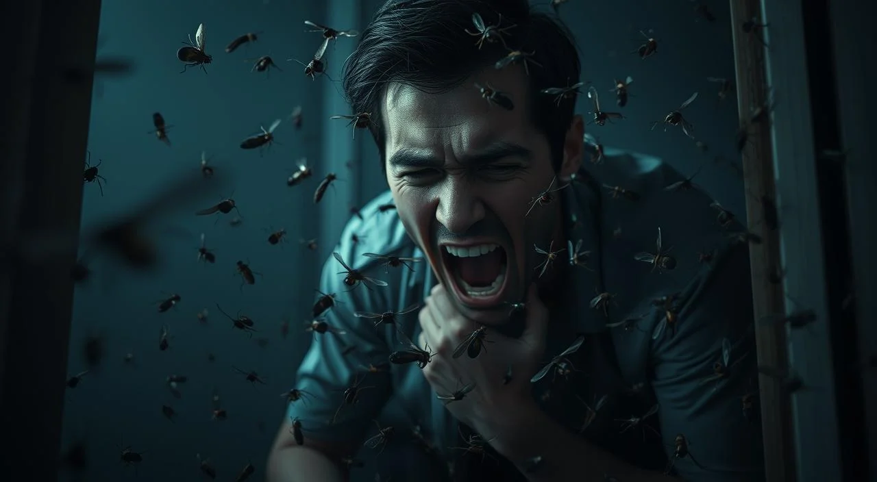 A person trembling in fear, cowering in the corner of a dimly lit room, as a swarm of insects crawl and buzz menacingly around them. The lighting is low and moody, creating an atmosphere of unease and dread. The insects, rendered in intricate detail, appear to be a variety of common household pests, such as cockroaches, spiders, and flies. The person's face is contorted in a expression of pure terror, highlighting the irrationality and intensity of their phobia. The background is blurred and hazy, keeping the focus on the central figure and the swarming insects, emphasizing the overwhelming nature of the person's fear.