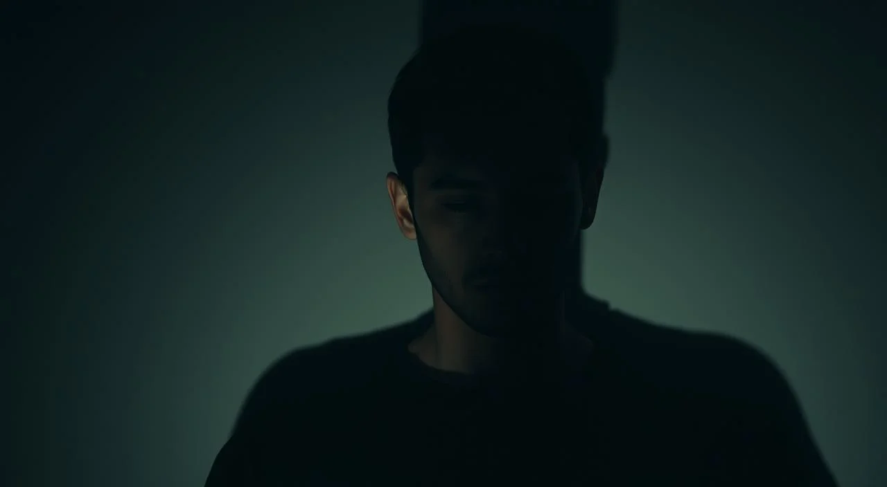 A person's head and upper body, shot from a low angle, casting a long shadow on the ground. The subject's face is obscured, with their eyes downcast, conveying a sense of self-consciousness and vulnerability. The lighting is soft and diffused, creating an introspective, melancholic mood. The background is a muted, neutral color, keeping the focus on the central figure and their inner struggle with self-judgment. The overall composition suggests a sense of isolation and a desire to shield oneself from the perceived scrutiny of others.