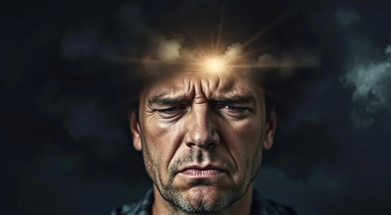A person's head enveloped in a dark, oppressive cloud, conveying the psychological impact of a severe headache. Piercing rays of light strain to break through, symbolizing the struggle against the debilitating pain. Wrinkled brows and a pained expression capture the distress and discomfort. The figure is rendered in a moody, atmospheric style with dramatic shadows and muted tones, evoking a sense of tension and unease. The scene is shot from a slightly low angle, emphasizing the sense of burden and discomfort experienced by the subject.