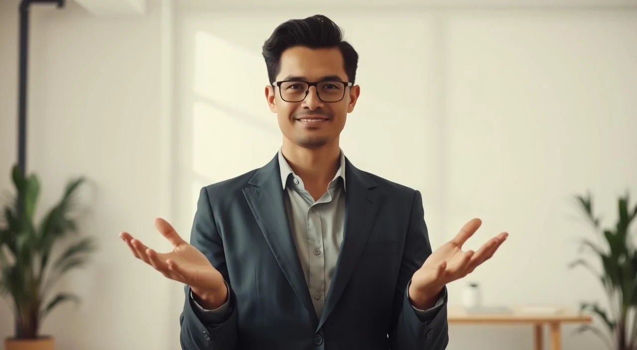 A professional business person standing confidently, gesturing with open palms, in a bright, minimalist office setting. Soft, natural lighting illuminates the scene, creating a calm and approachable atmosphere. The figure's expression conveys clarity, assertiveness, and a willingness to engage in open communication. The background features clean, neutral tones that allow the subject to take center stage, emphasizing the idea of direct and effective dialogue.