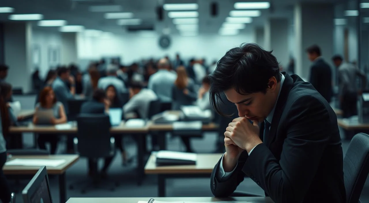 A professional office setting with a person experiencing social anxiety. In the foreground, a person sits hunched at a desk, hands trembling, eyes downcast, struggling to focus on their work. The middle ground shows a busy open-plan office with other workers, creating a sense of overwhelming social pressure. The background is slightly blurred, hinting at the impersonal, corporate environment. Muted colors and harsh lighting convey a tense, uncomfortable atmosphere. The scene captures the impact of social anxiety on one's professional life, the sense of isolation and self-consciousness amidst the demands of the workplace.