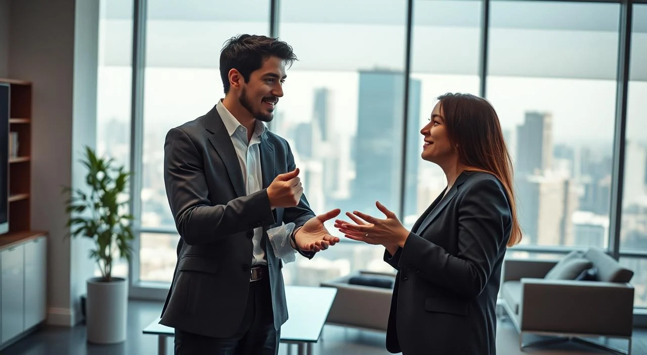 A professional office setting with two colleagues engaged in a dynamic discussion. The foreground features their focused expressions and animated hand gestures, conveying a sense of effective communication. The middle ground showcases a clean, minimalist workspace with subtle colors and modern furnishings, creating a calming, productive atmosphere. The background depicts a large window overlooking a bustling city skyline, hinting at the broader context and importance of these interpersonal interactions. Soft, directional lighting from the window illuminates the scene, casting subtle shadows and highlights to emphasize the subjects' body language and connection. The overall mood is one of collaboration, clarity, and professional growth.