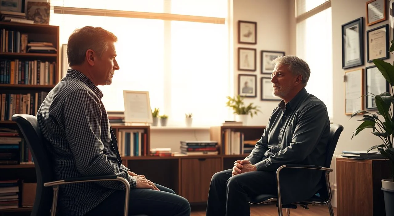 A professional psychologist's office, flooded with warm, natural light from large windows. In the foreground, a patient sits across from the psychologist, engaged in a deep, thoughtful discussion. The psychologist's expression is one of empathy and active listening, guiding the patient through the diagnostic process. The middle ground features an array of books, diagnostic tools, and certificates on the walls, conveying the psychologist's expertise. The background is softly blurred, creating a sense of privacy and focus on the central interaction. The mood is contemplative, with a sense of trust and understanding between the two figures.