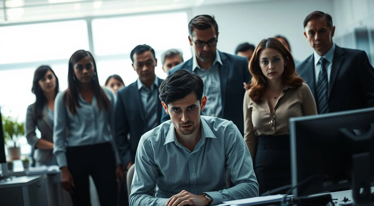 A professional work environment with a tense, anxious atmosphere. In the foreground, a person sits at a desk, shoulders hunched, expression apprehensive. Around them, co-workers loom, faces etched with judgment and scrutiny. Harsh fluorescent lighting casts sharp shadows, creating a sense of exposure and vulnerability. The background is blurred, but suggests the trappings of a typical office - filing cabinets, computer screens, potted plants. The overall mood is one of discomfort, self-consciousness, and the overwhelming fear of being judged by one's peers.