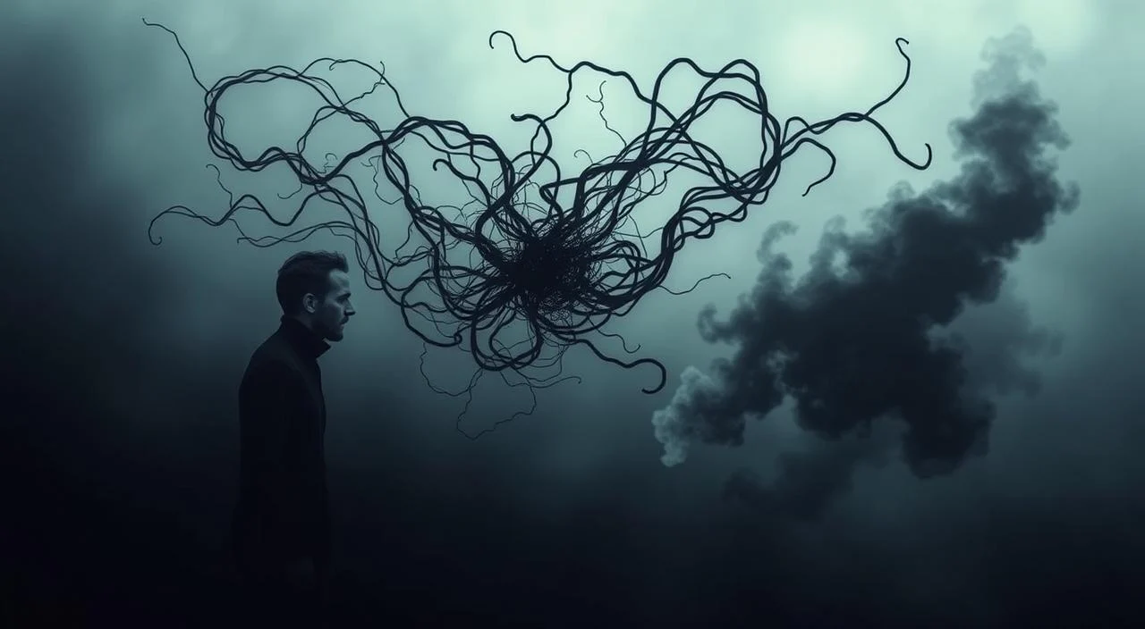 A psychological landscape depicting the intricate connection between anxiety and depression. In the foreground, a figure grapples with swirling, ethereal tendrils of anxiety, their expression conveying a sense of unease and distress. In the middle ground, these tendrils intertwine with darker, more oppressive shapes, symbolizing the transition into a state of depression. The background features a moody, atmospheric scene, with muted colors and subtle lighting that sets a contemplative and melancholic tone. The overall composition aims to visually represent the delicate and often cyclical relationship between these two mental health conditions.