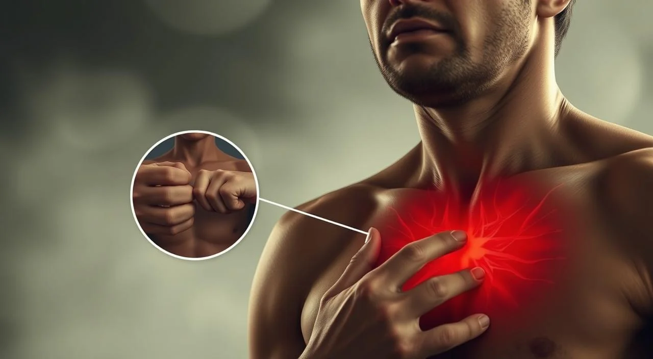 A realistic, detailed illustration of a person experiencing anxiety symptoms, including a tightness or pain in the chest. The foreground depicts the individual's upper body, with a focused expression and tense body language. The middle ground shows a detailed rendering of the chest area, highlighting physical sensations like a clenching sensation or a dull ache. The background is hazy and out of focus, creating a sense of isolation and inward focus. The lighting is soft and natural, with a slightly muted color palette to convey a sense of unease. The overall mood is one of acute physical and emotional distress.