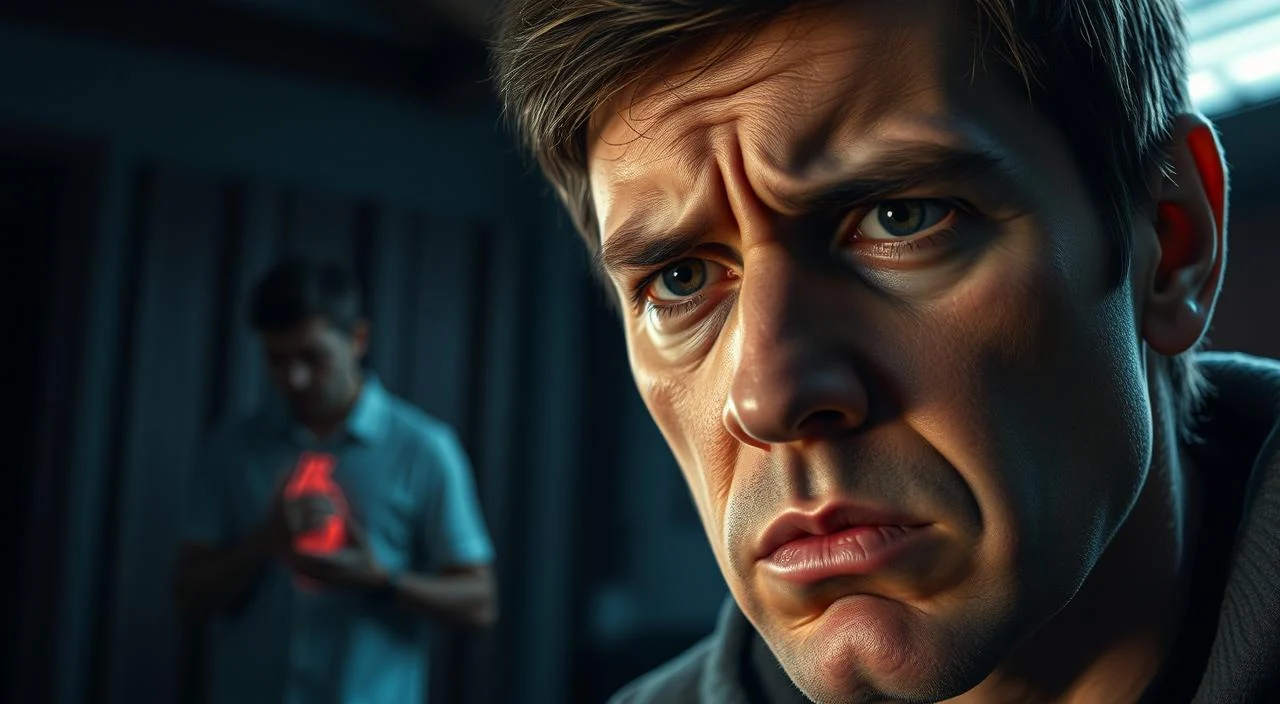 A realistic, detailed illustration of common symptoms of anxiety disorder. In the foreground, depict a person's face showing visible signs of distress, such as furrowed brows, worried expression, and tensed muscles. In the middle ground, include physical manifestations like sweating, rapid breathing, and a racing heartbeat. In the background, create an atmosphere of unease and tension, with a dimly lit, muted color palette. Use a slightly angled, close-up camera perspective to emphasize the subject's emotional state. Achieve a photorealistic, cinematic quality through the use of dramatic lighting, depth of field, and subtle textures.