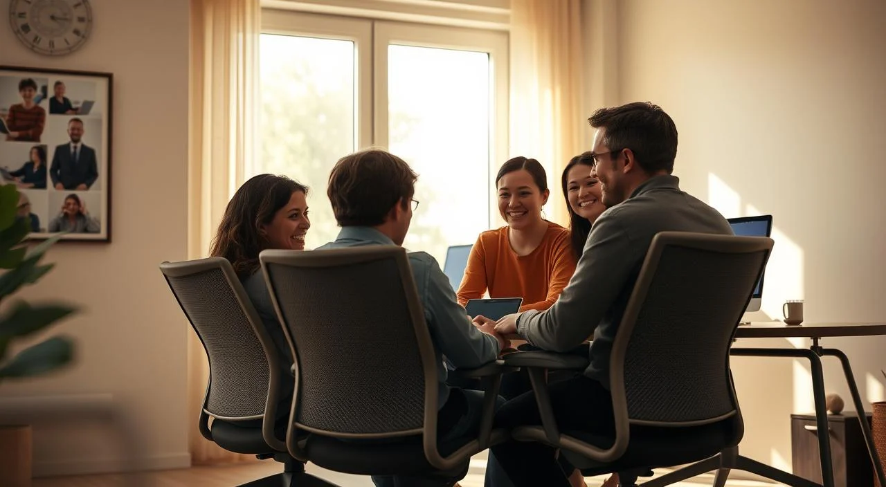 A remote work team collaborates seamlessly, their faces appearing on a glowing screen in a softly lit home office. Sunlight streams through large windows, casting a warm, natural glow. Ergonomic chairs and desks create a comfortable, productive workspace. The team members' expressions convey a sense of ease and flexibility, as they communicate effortlessly across distances. Subtle, modern design elements and muted tones establish a professional, yet relaxed atmosphere. An abstract, geometric background suggests the interconnectedness of the virtual workspace. Overall, the image evokes a harmonious, adaptable remote work environment that empowers the team.