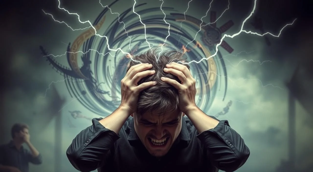 A scene depicting emotional triggers and panic attacks. In the foreground, a person's face contorts with anguish, their hands clutching their head as if overwhelmed by intense emotions. Behind them, a swirling vortex of abstract shapes and colors represents the turmoil of the mind, with lightning-like flashes of energy bursting forth. The background is shrouded in a hazy, dreamlike atmosphere, conveying the disorienting nature of a panic episode. Soft, dramatic lighting casts dramatic shadows, emphasizing the psychological drama unfolding. The overall mood is one of inner turmoil, mental anguish, and the physical manifestation of emotional triggers.