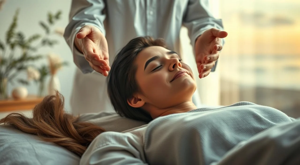 A serene and calming hypnotherapy session for anxiety and depression. In the foreground, a person in a comfortable, reclined position, eyes closed, deeply relaxed. The therapist, their hands gently guiding the patient into a state of trance, creates a sense of safety and trust. The middle ground features soothing, nature-inspired elements like soft lighting, muted colors, and calming music or ambient sounds. In the background, a tranquil, abstract landscape evokes a sense of inner peace and mindfulness. The overall atmosphere is one of tranquility, introspection, and the therapeutic power of the mind.