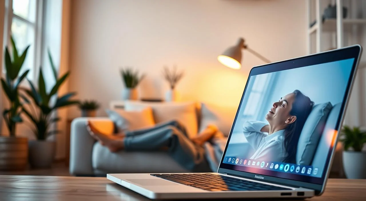 A serene and calming online counseling session, with a therapist's laptop screen in the foreground displaying a soothing video call interface. In the middle ground, a person reclining comfortably on a plush couch, a look of tranquility on their face as they engage in the virtual session. The background features a minimalist, well-lit home office space, with warm lighting and plants providing a sense of wellness and mental clarity. Soft, diffused lighting illuminates the scene, creating a therapeutic ambiance. The overall composition conveys the accessibility, convenience, and holistic benefits of online therapy.