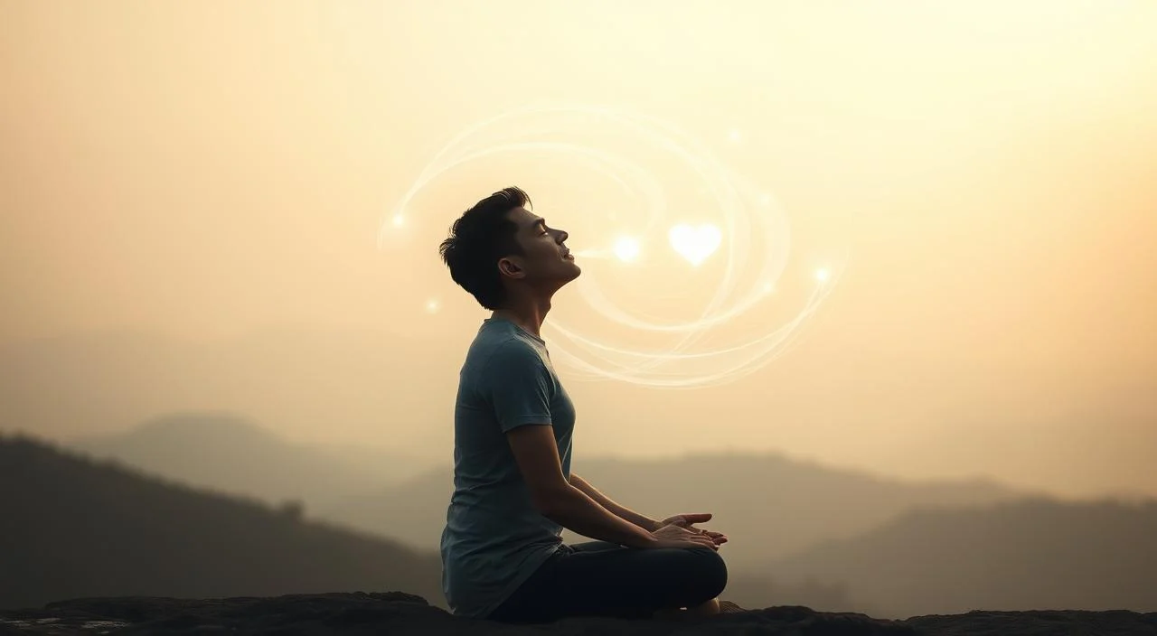 A serene and contemplative scene depicting the relationship between breathing and emotional state. In the foreground, a person sits in a relaxed, meditative pose, their eyes closed and their breath deep and rhythmic. The middle ground shows a swirl of ethereal, translucent energy emanating from the person, representing the connection between their breath and inner emotional landscape. The background is a soft, hazy landscape, with muted colors and a sense of tranquility, enhancing the calming and introspective atmosphere. Gentle, diffused lighting illuminates the scene, creating a sense of peace and balance. The overall composition conveys the idea of emotional control and self-awareness through conscious breathing.